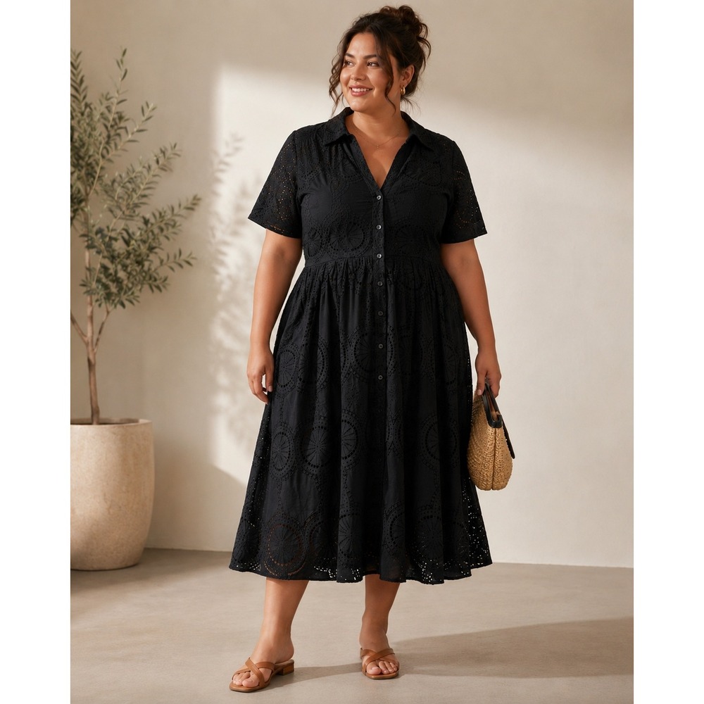 Maeve Anthropologie Midi Shirt Dress Womens 14 Black Eyelet Open Back